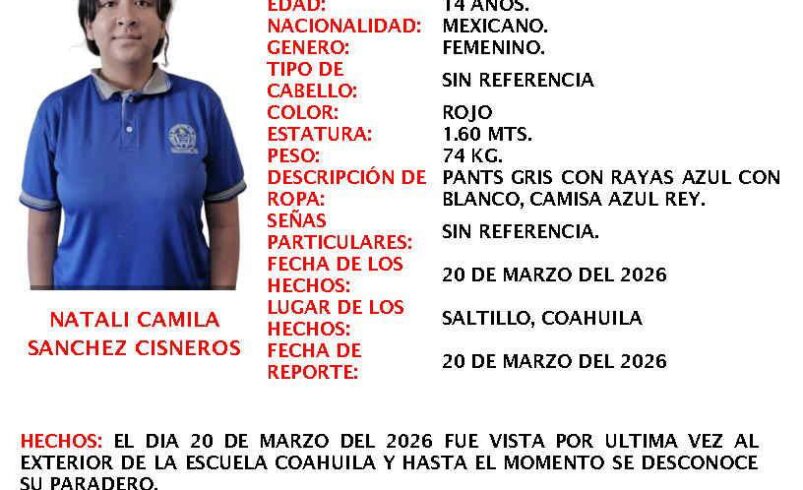 Buscan a adolescente desaparecida tras salir de su escuela en Saltillo