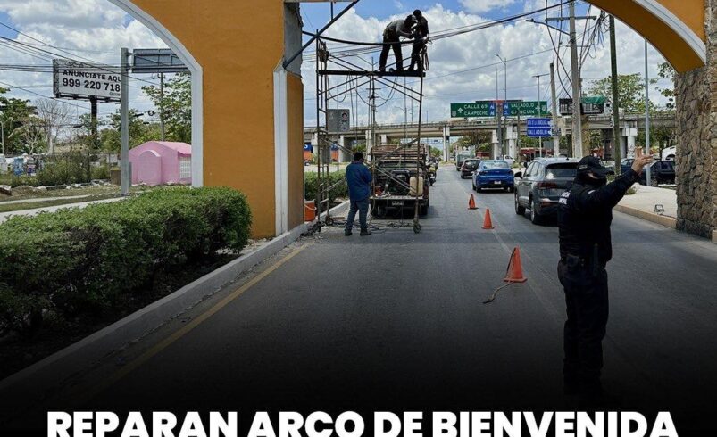 Reparan Arco de Bienvenida en Kanasín tras daño por tráiler