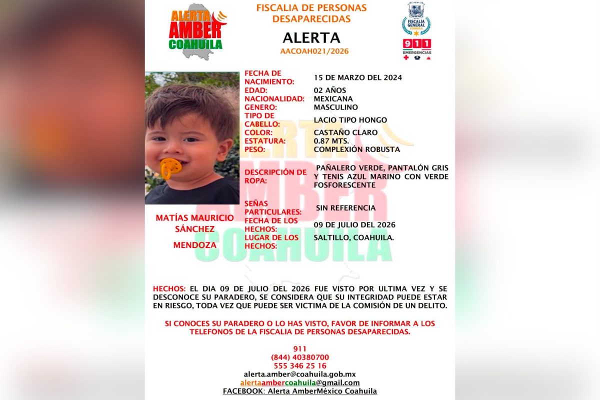 Activan Alerta Amber en Coahuila para localizar a menor de 2 años sustraído en Saltillo